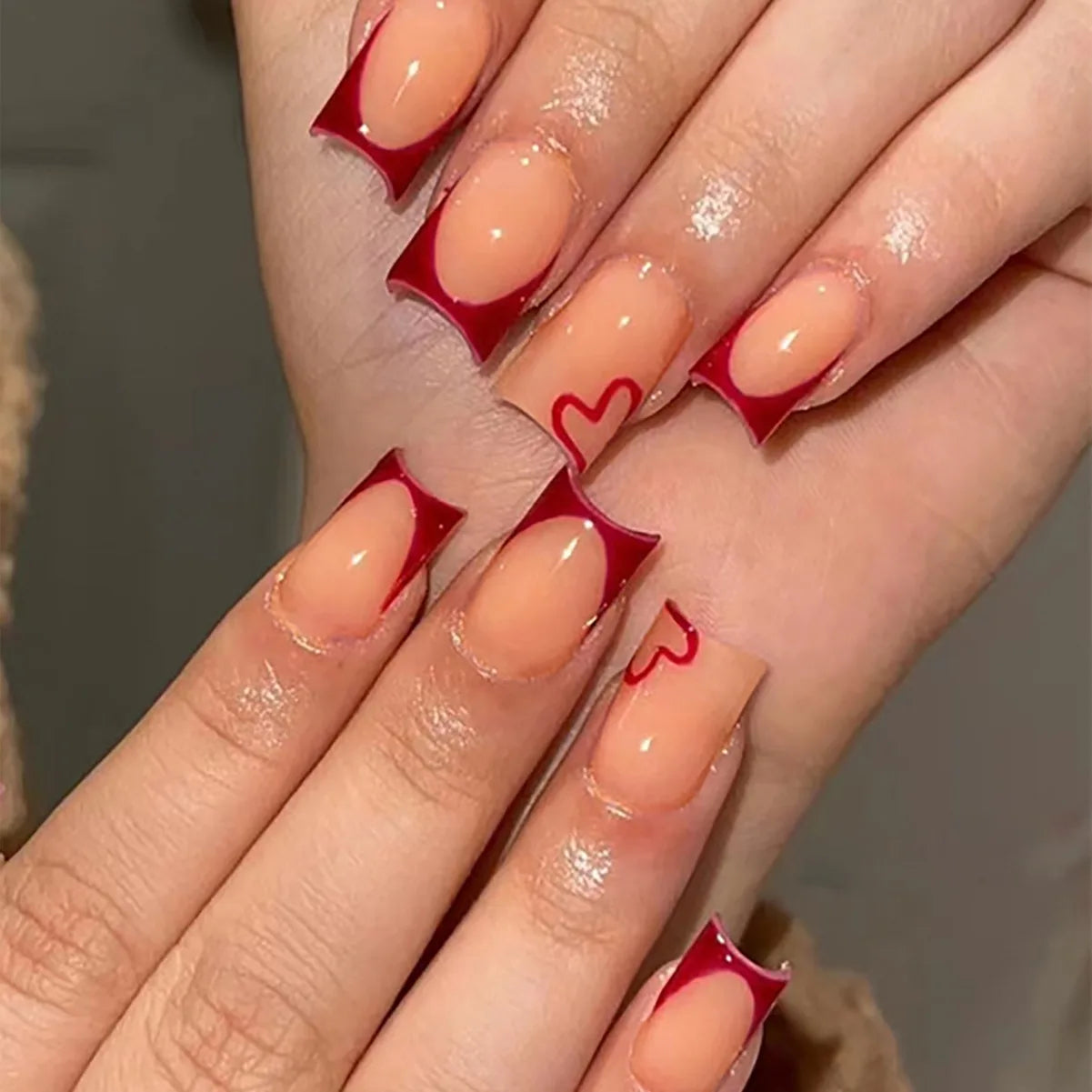 24pcs/set short Medium fake nails square ballet almond nail tips pink beautiful heart for Valentine's Day press on false nails