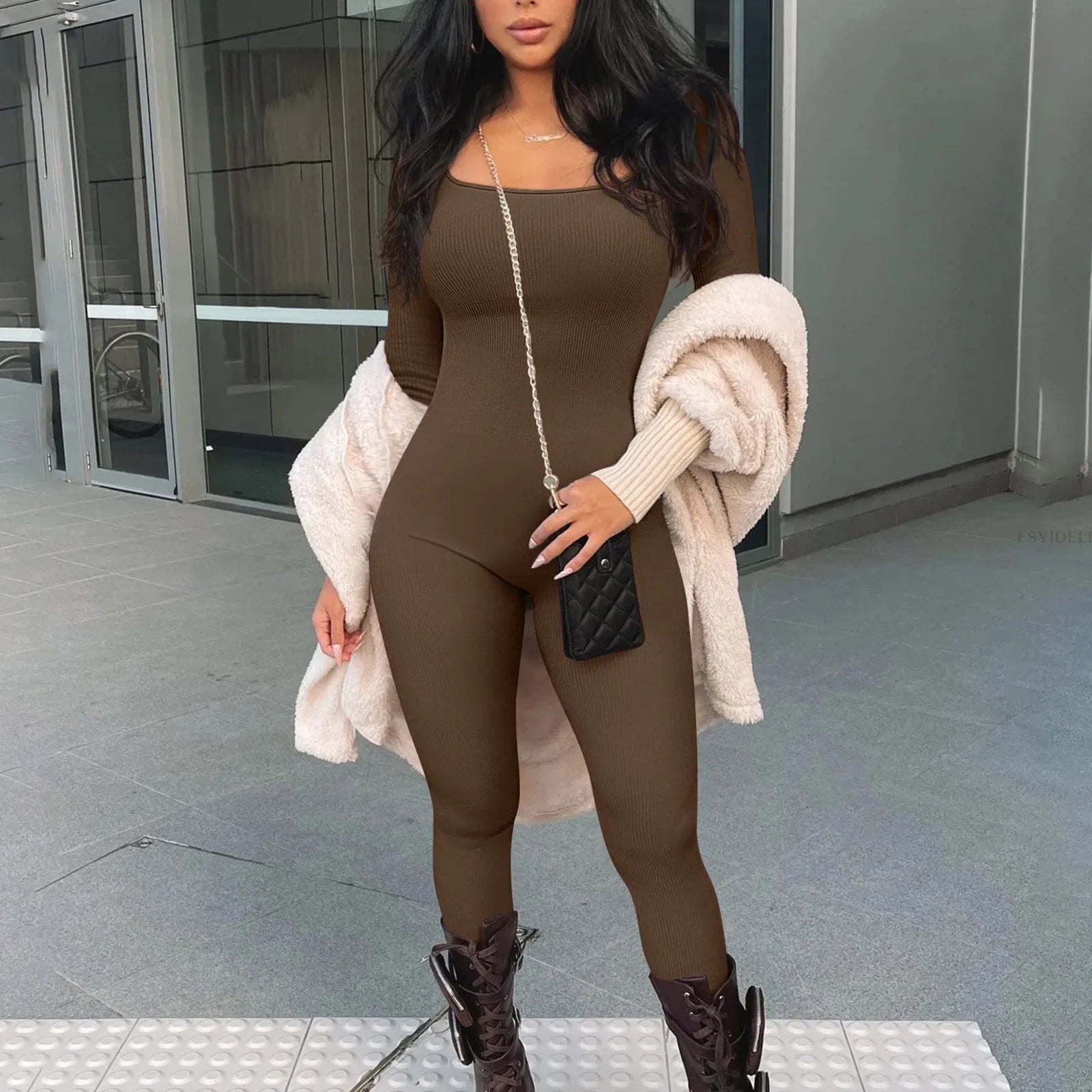 Women Elegant Skinny Jumpsuits Fall Winter Solid Ribbed Knit Long Sleeve Jumpsuit Y2k Square Neck Bodycon Sport Playsuits Female Viralgem Store