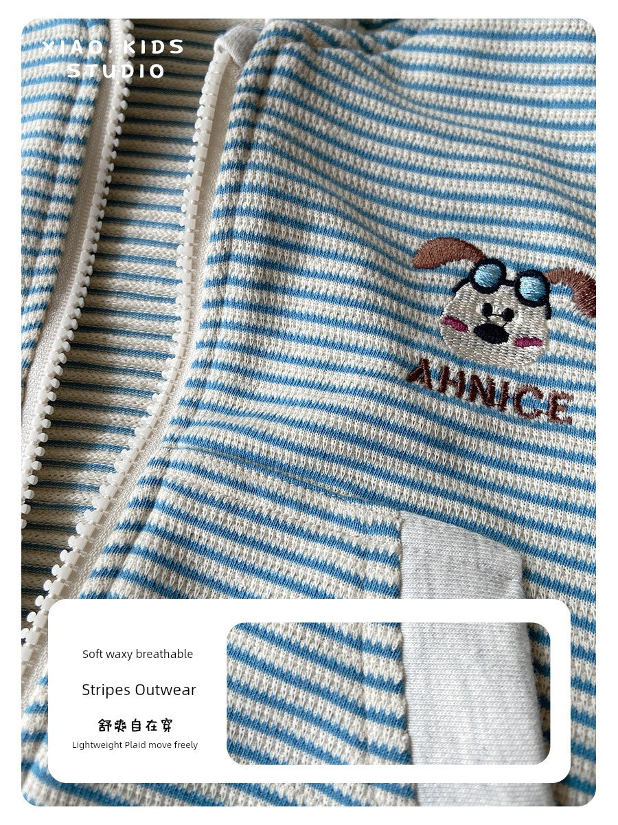 Stripes Knitting Hooded Spring and Autumn Pure Cotton Zipper Outwear