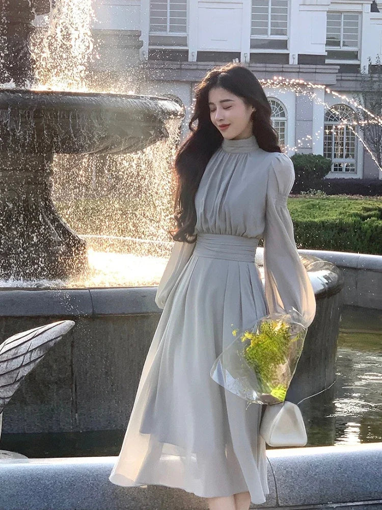 White Solid Vintage Party Midi Dress Women Puff Sleeve Slim Sweet Elegant Dress Ladies High-waisted French Style Chic Dress 2023 Viralgem Store