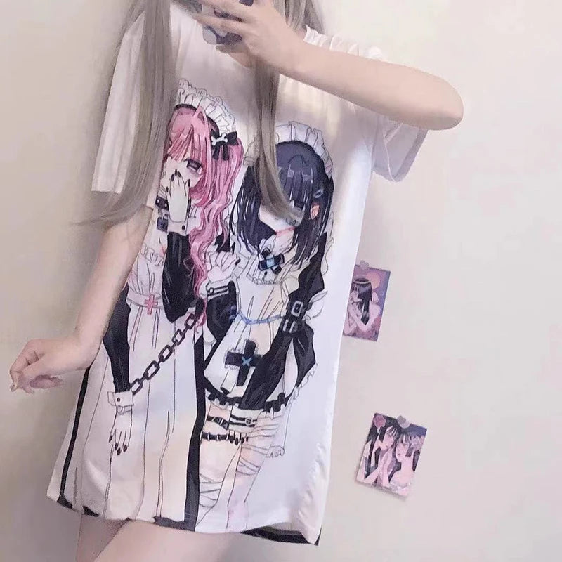 Summer Gothic Harajuku Clothes For Women Long T Shirt Oversize Japanese Fashion E Girl Print Loose Short Sleeved T-Shirt Women