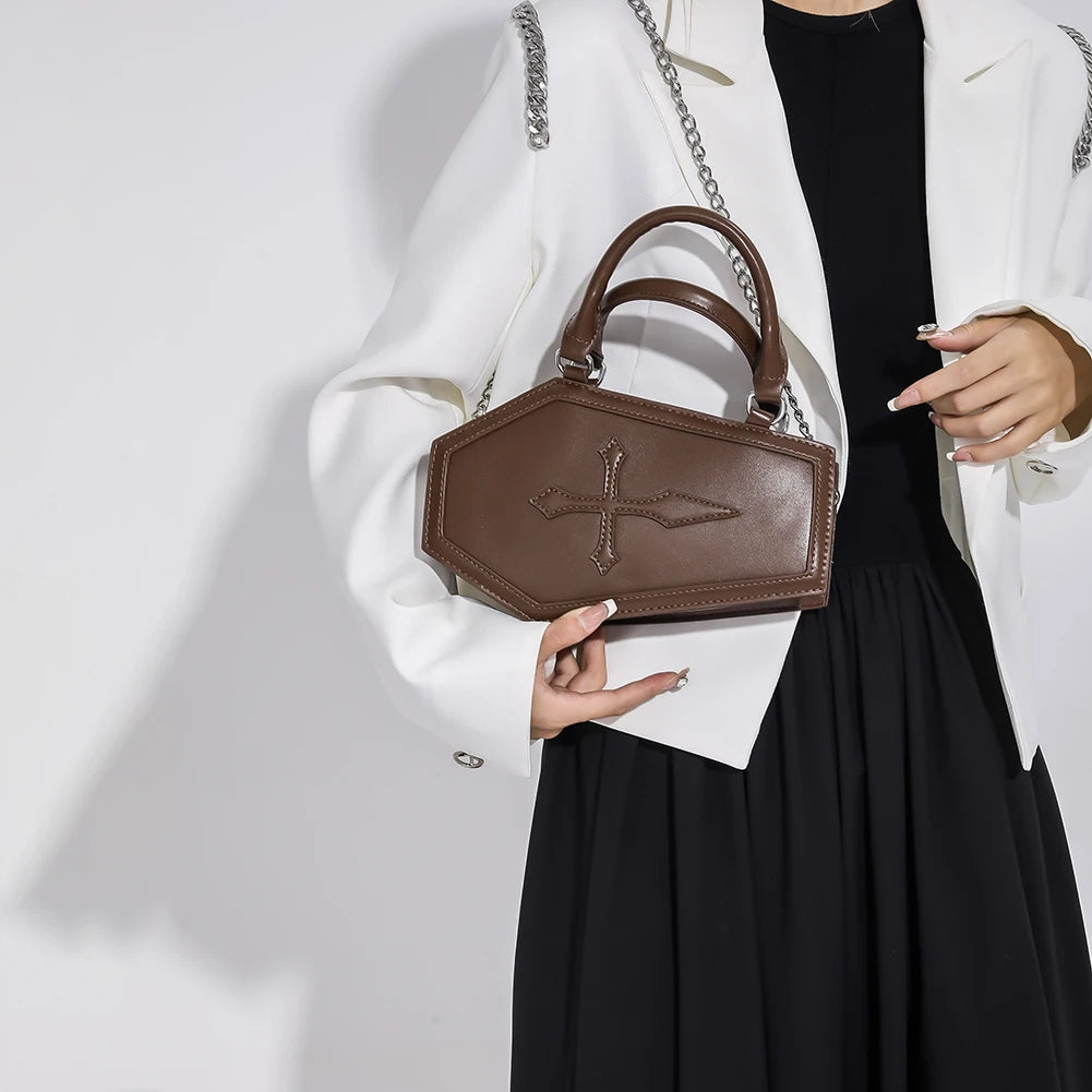 Women Crossbody Bag Large Capacity Coffin Shape Phone Shoulder Bag Halloween PU Top Handle Bag for Travel Make Up Cosmetic Bag