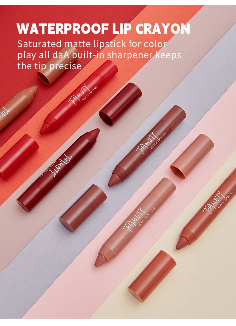 12 Colors Matte Lipstick Pen Waterproof Velvet Nude Lipstick Pencil Sexy Red Brown Pigments Lips Makeup Long Lasting Lip Tint