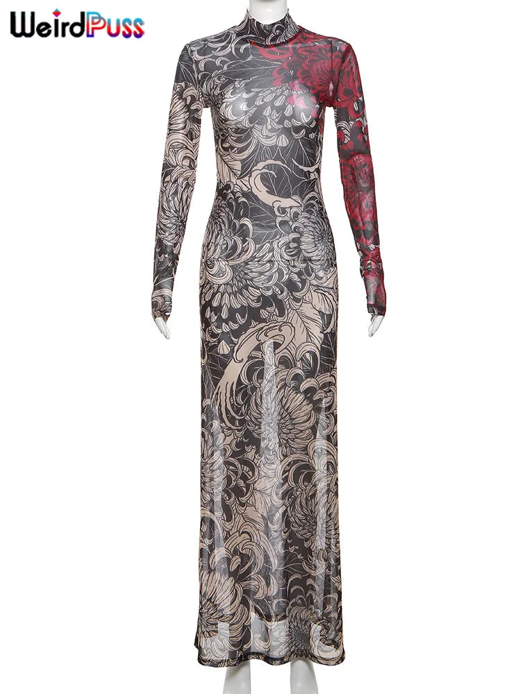 Weird Puss Thin Sheer Women Dress Mesh Contast Color Print High Waist Slim Fit Fashion Bodycon Nightout Clubwear Party Long Robe