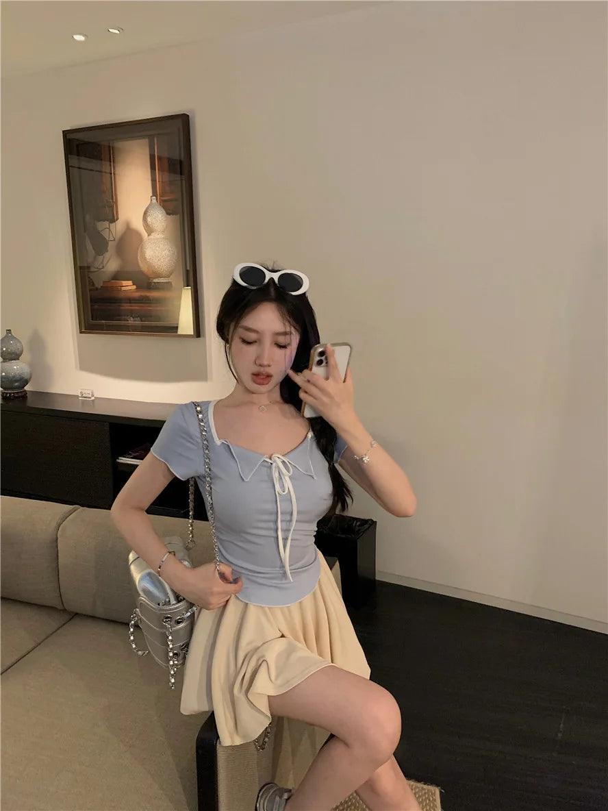 Sweet Spicy Girl Style Tie Straps V-neck Women's Knitted T-shirt Show Slim Figure Short Sleeved Tops Youth Elegant