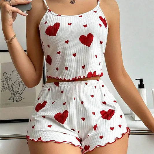 Women's Pajamas Set Sleepwear 2 PCS Short Tank Tops And Shorts S M L White Ventilate Soft Casual Love Printing Viralgem Store
