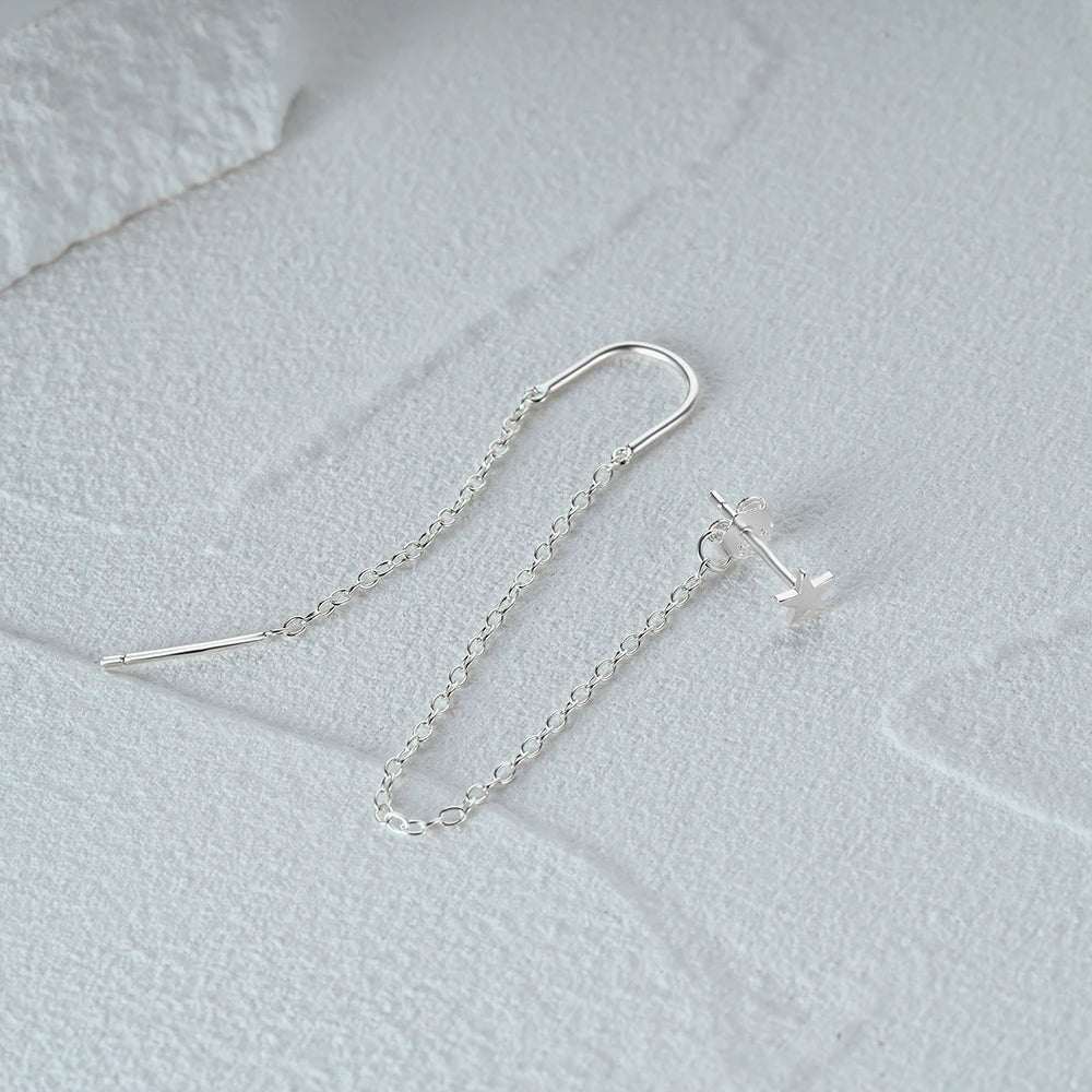 Aide 925 Sterling Silver 1pc Four Zircons Charm Chain Tassel Earrings For Women Double Studs Sparkling CZ Pave Cartilage Clips