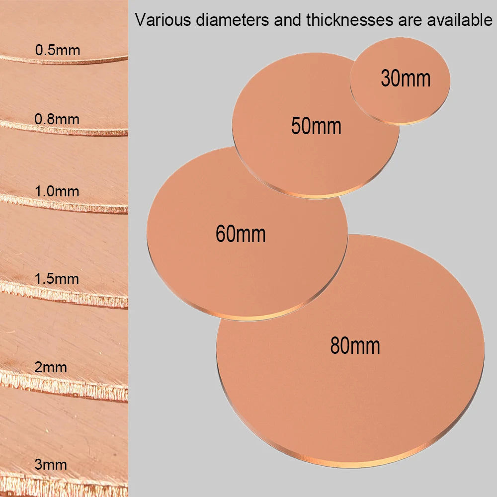 1/2pc T2 Copper Disc Diameter 30mm 50mm 60mm 80mm Pure Copper Round Plate Circular Sheet Thickness 0.5mm 0.8mm 1mm 1.5mm 2mm 3mm
