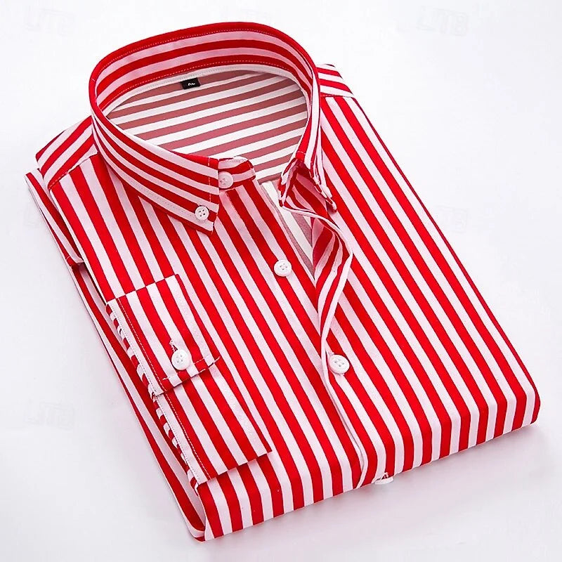 2025 Men's Formal Shirt Striped Shirt Button Lapel Soft Shirt Wedding Black White Red Navy Blue Long Sleeve Clothing XS-6XL