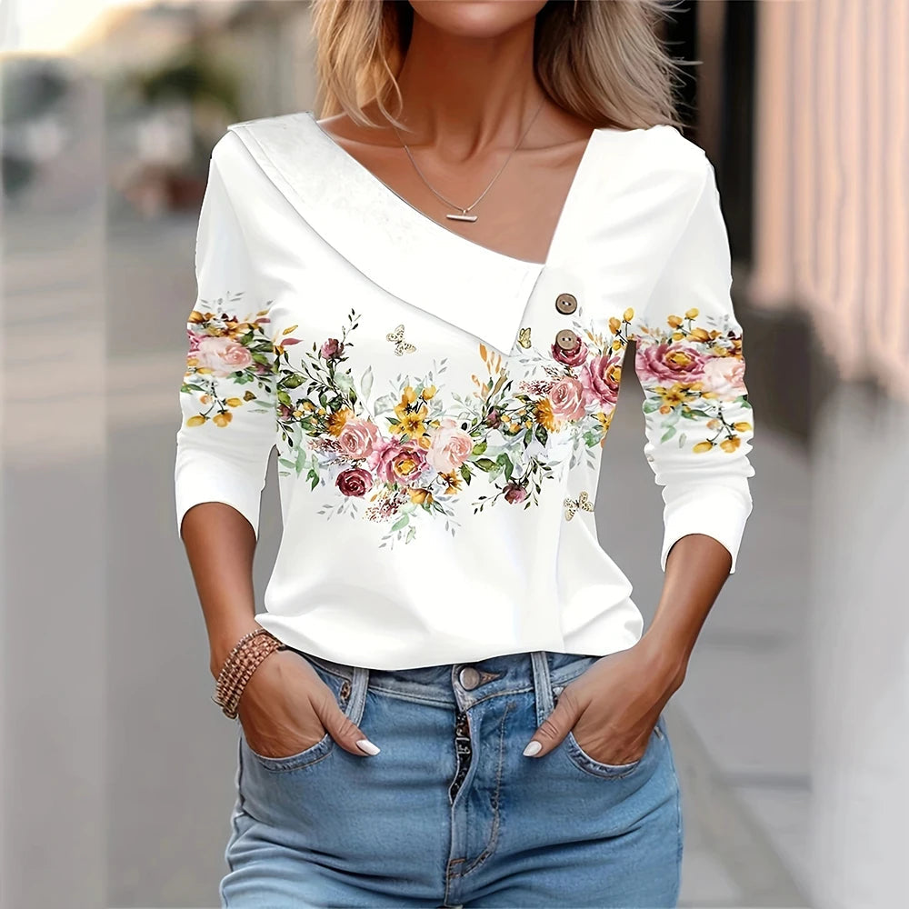 T Shirt For Women Fashion Long Sleeve Top White Floral Print Shirts And Blouses Autumn Winter Clothes For Women 2024 Viralgem Store