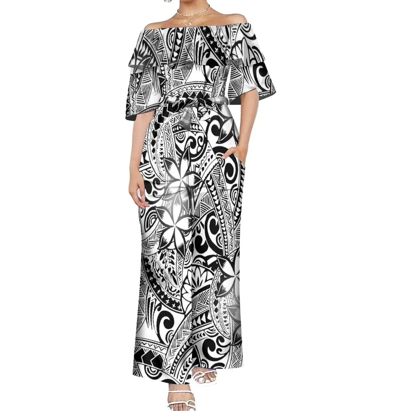 Drop Shipping Custom Polynesian Off Shoulder Frill Women One Piece Rompers Lace Up Oversized Jumpsuit With Belts Viralgem Store