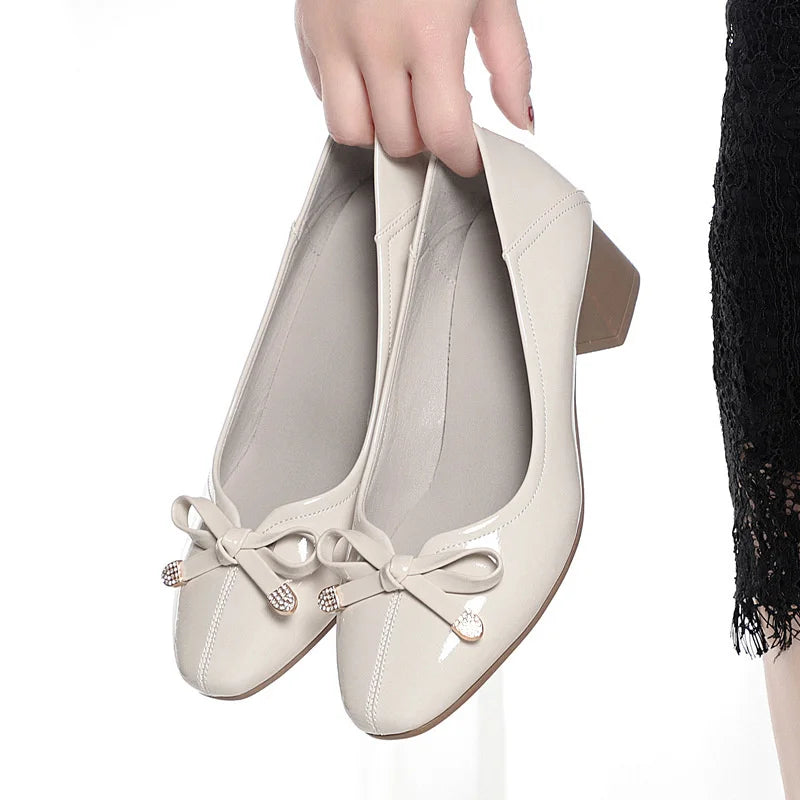 Spring New Comfort Soft Bottom Round Toe Solid Ballet Shoes Low Heel Bow Pumps Low Top Flat Patent Leather Single Shoes Viralgem Store