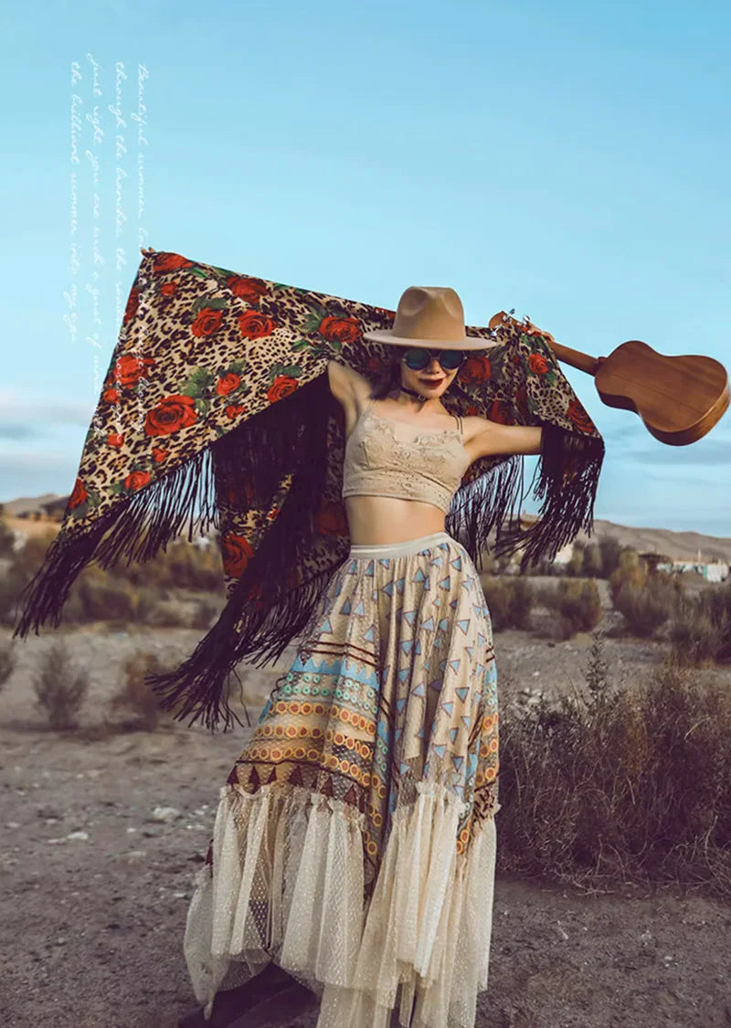 Women‘s Travel Holiday Wear Bohemian Colorful Embroidery Lace Ruffles Skirt Asymmetrical Hem Skirt Female Shiny Gold Mesh Skirts