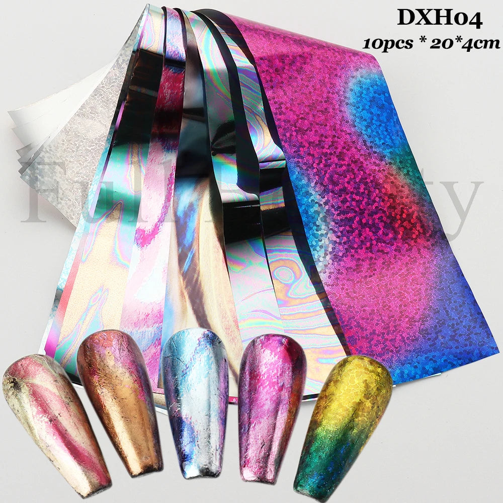 10Pcs Hologram Transfer Foil Nails Laser Stars Holographic Nail Stickers Mermaid Tail Sliders Metallic Gel Polish Wraps NLXKY01