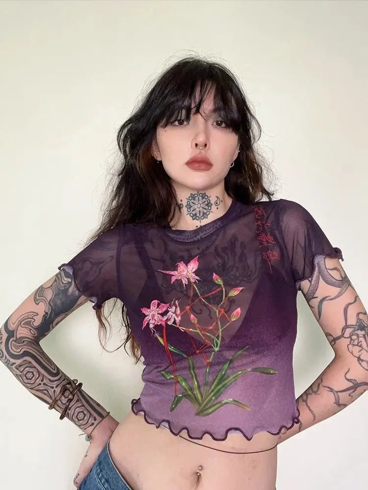 Yedinas Summer Crop Top Mesh Tops Short Sleeve Purple T Shirt Women Clothes Sheer See Through Gothic Floral Tees Y2k Chic Tshirt