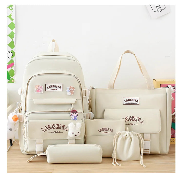 5-piece Set of Free Pendants Forest Style Korean Version Casual Harajuku Student Backpack for High School Girls Large Capacity Viralgem Store