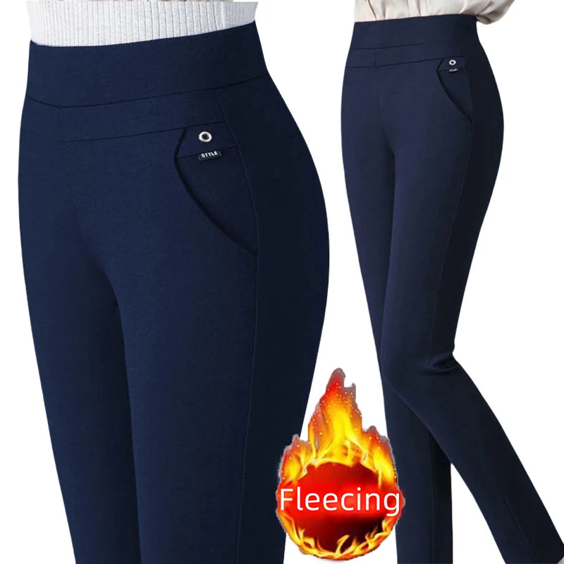 2024 Autumn Winter Plus Size Women Pants Clothing Fleecing Basic Office Lady Pencil Pants Skinny Thermal Thick Thin Slim Trouser