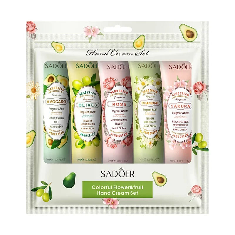 5Pcs/set SADOER Fruit Plant Fragrance Hand Cream Sets Moisturizing Repair Anti Dry Hand Lotion Sets Hands Skin Care Products Viralgem Store