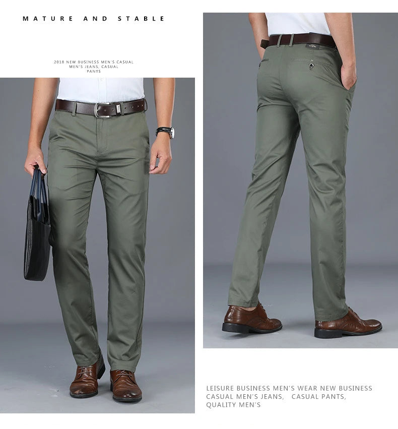 Spring Summer Cotton Casual Pants Mens Clothing Straight Business Green Black Khaki Trousers Male Brand 2022