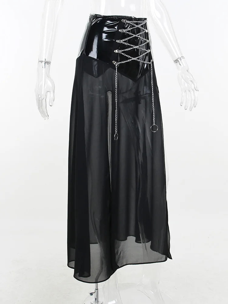 Yangelo Goth Grunge Skirt With Buckle Women Y2K Punk Sexy Bottoms Patchwork Split Long Skirts Summer Zipper See Through Clothes