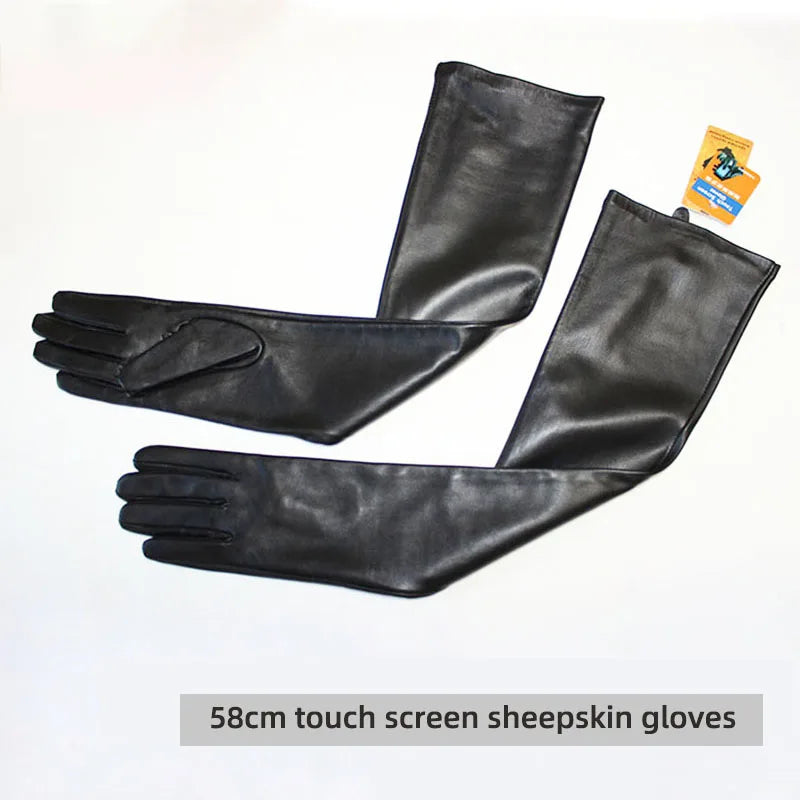 Touch Screen Extra Long Leather Sheepskin Gloves Women's Black Fashion Simple Straight Style Velvet Lining Winter Warm Sleeve