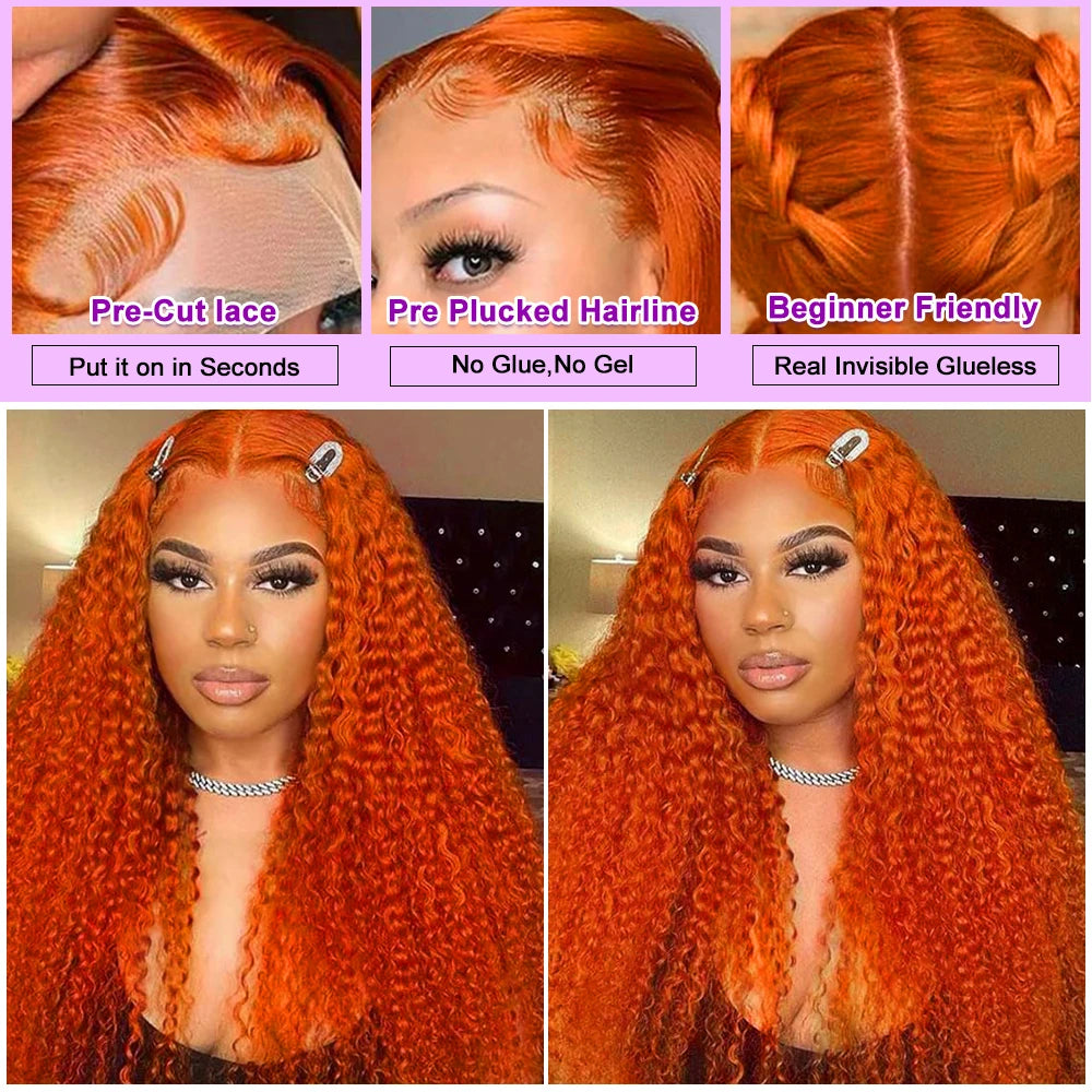 Swupod 13x4 13x6 220% Density Transparent HD Lace Front Wig for Women Deep Wave Remy Human Hair Ginger Orange 350# Loose Curly