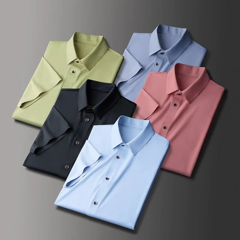 2023 Summer Men Solid Color Short Sleeve Shirt Men Loose Single-Breasted Casual Blue Shirts Male Quick Dry Silk Shirt L-6Xl