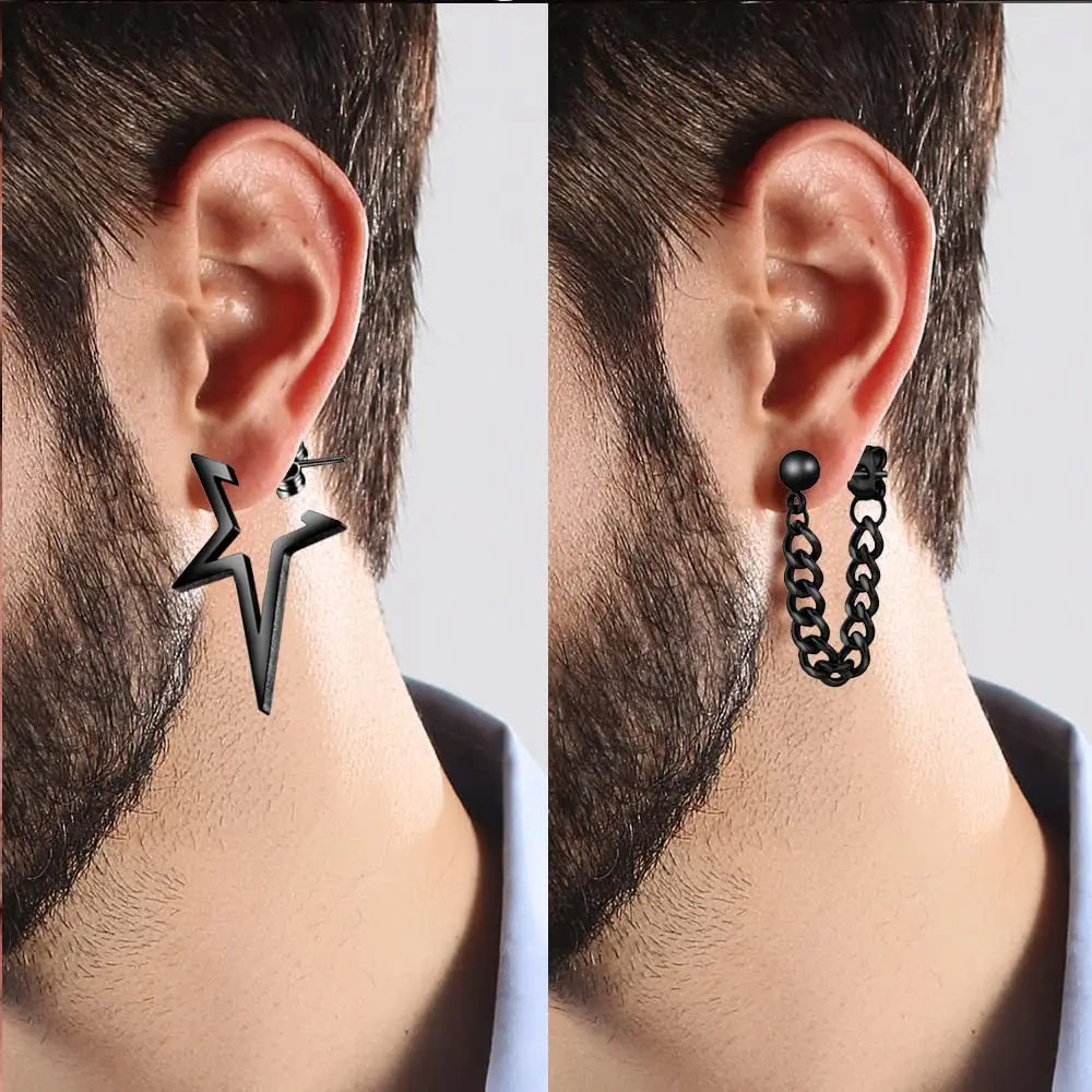 WKOUD 1 Pairs Stainless Steel Punk Black Dangle Earrings For Men Cross Skull Screw Cone Huggie Hoop Long Chain Piercing Hoop Viralgem Store