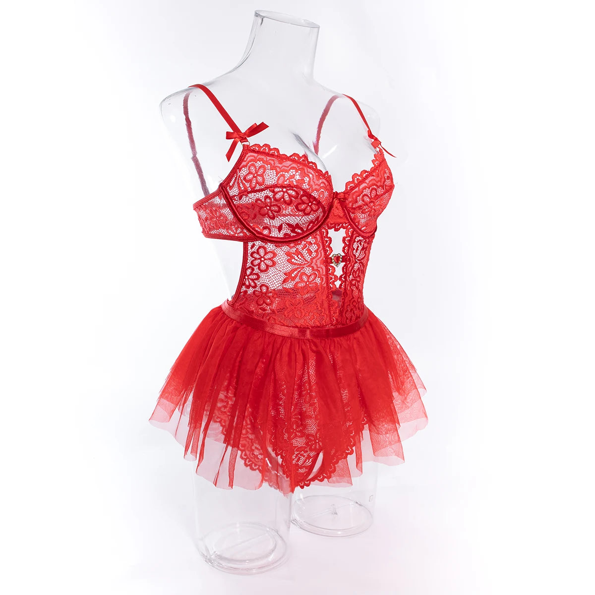 Yimunancy Lace Lingerie Set Women 2-Piece Red Backless Bodysuit Mesh Ball Gown Bow Panty Intimates Valentine Day
