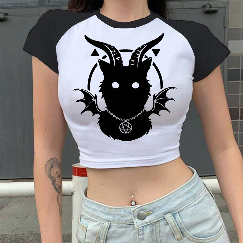 Y2k Fairy Grunge Emo Sexy Gothic Crop Top Vintage Harajuku Black Short Sleeve O-neck T Shirts Aesthetic Clothes Streetwear Tanks