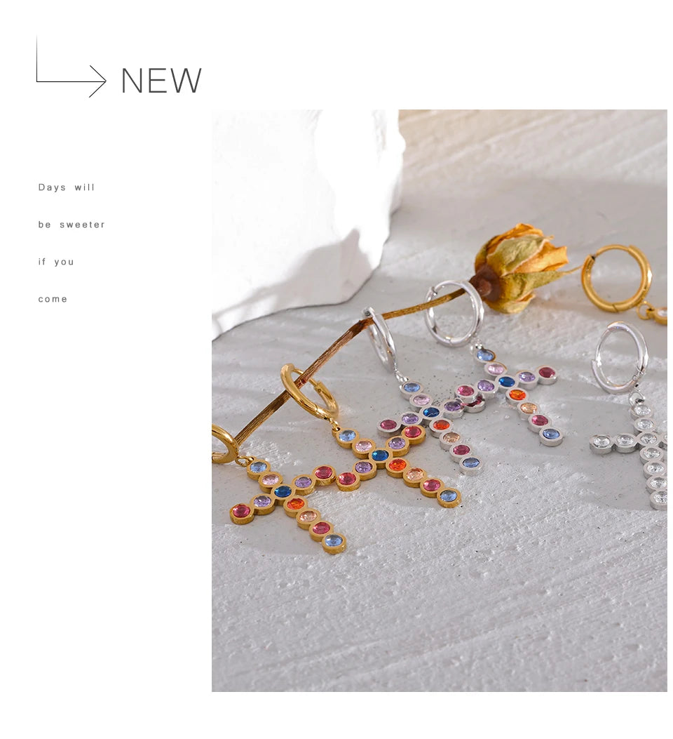 Yhpup Waterproof Colorful Cubic Zirconia Stainless Steel Cross Drop Hoop Earrings Fashion Daily Men Women Unisex Golden Jewelry