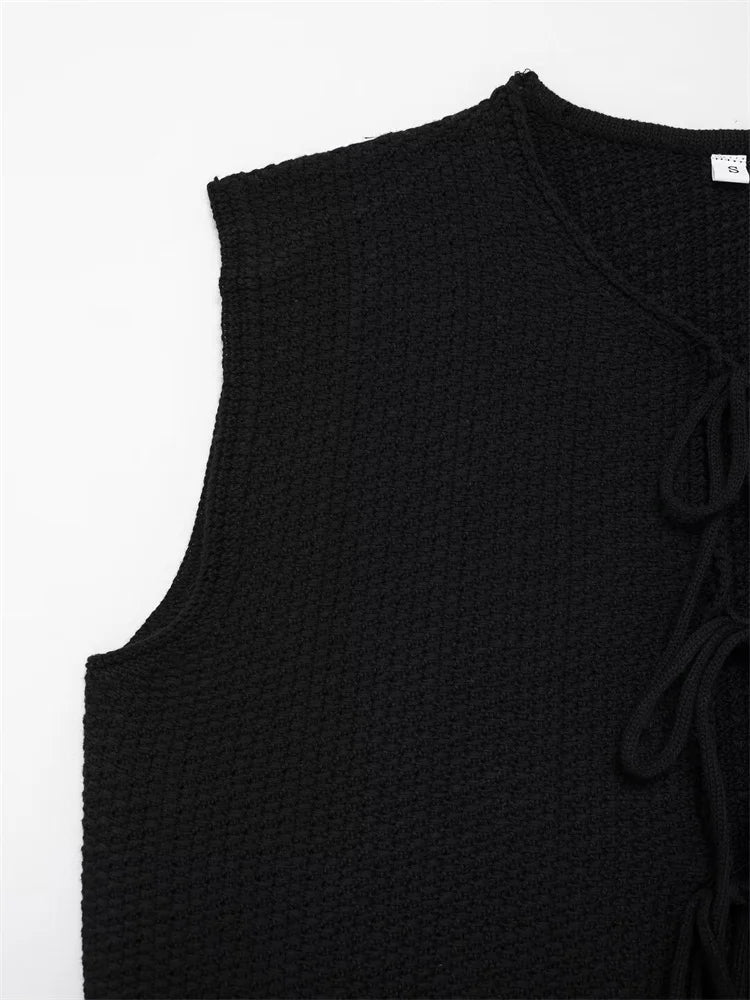 Zevity Women Euro Style V Neck Solid Sleeveless Bow Short Vest Jacket Ladies Retro Knitting Cardigan Slim WaistCoat Tops CT6203 Viralgem Store