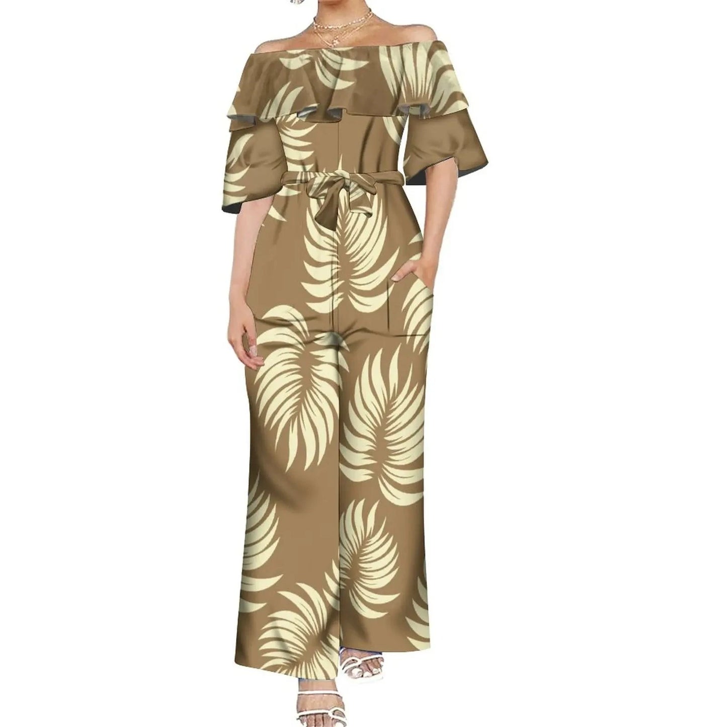 Drop Shipping Custom Polynesian Off Shoulder Frill Women One Piece Rompers Lace Up Oversized Jumpsuit With Belts Viralgem Store