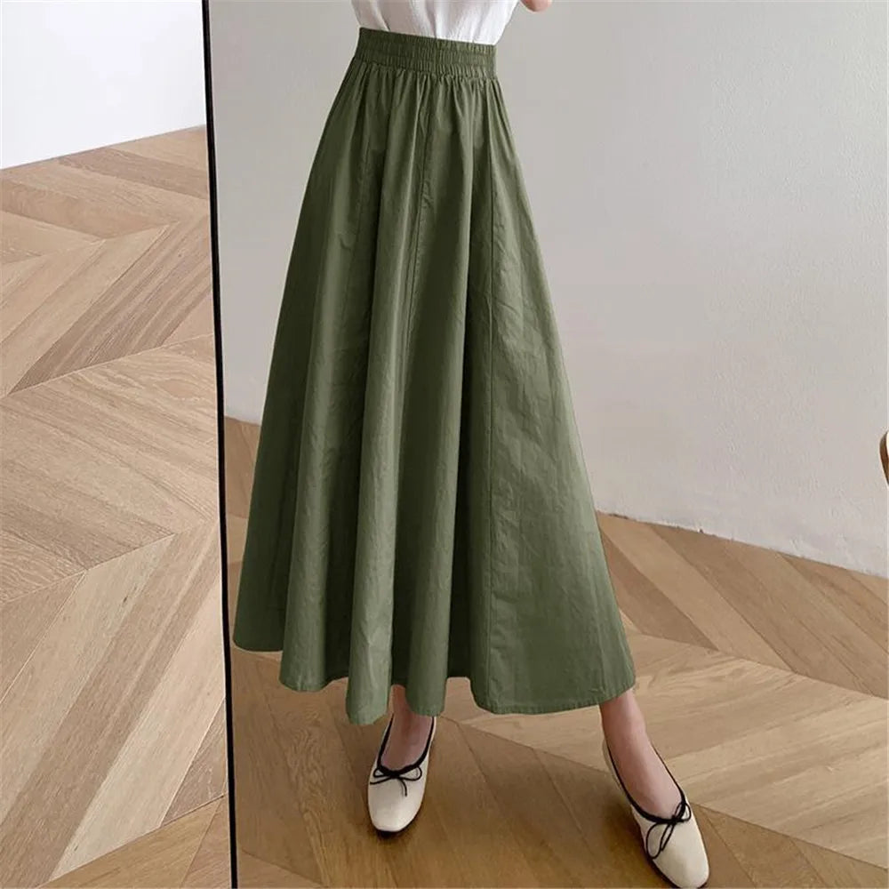 Spring Summer Autumn Elastic High Waist Loose Women All-match Midi Skirt Female Long Skirt Student Teenage Girls A-line Skirts