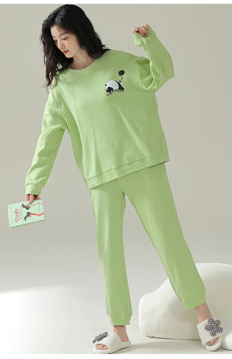 SUKAE Waffle Cotton Korean Minimalist Style Women Pajamas Spring Autumn Long Sleeves Lady Sleepwear Kawaii Round Neck Homesuits