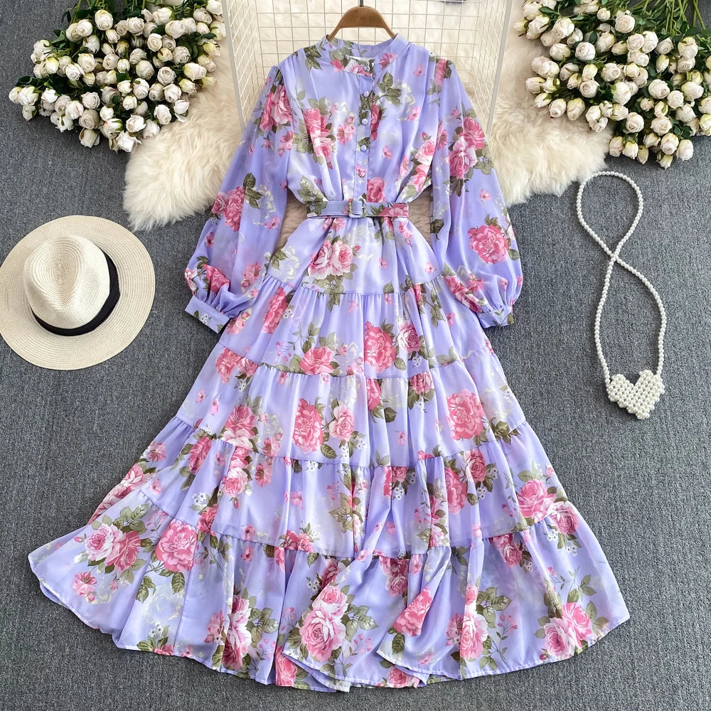 Spring Autumn Women Floral Chiffon Long Dress Vintage Purple/Pink/Black/Beige Stand Collar Single Breasted Maxi Robe Elegant New Viralgem Store