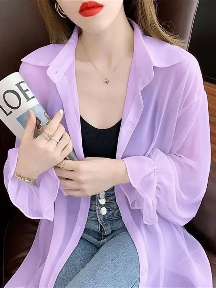 2023 Summer New Thin Women's Sun Protection Jacket Loose Long Sleeves Medium Long Chiffon Shirt Fashion Style Purple Female Tops