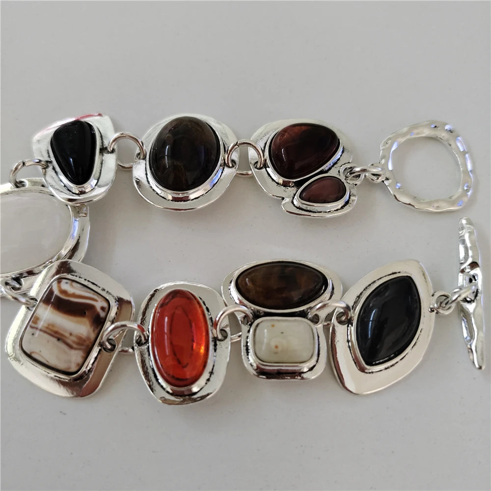 2025 New Indian Vintage Statement Resin Bracelets Women Boho Ethnic Gold Silver Plated Metal Links Charm Bracelets Jewelry