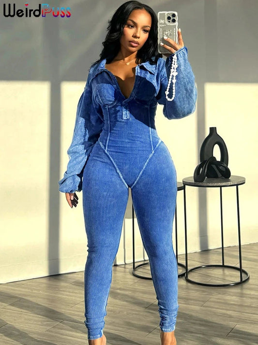 Weird Puss Washed Distressed Jumpsuit Women Ribbed V-Neck Solid SKinny Long Sleeve Fall Casual Trend Simple Activity Streetwear Viralgem Store