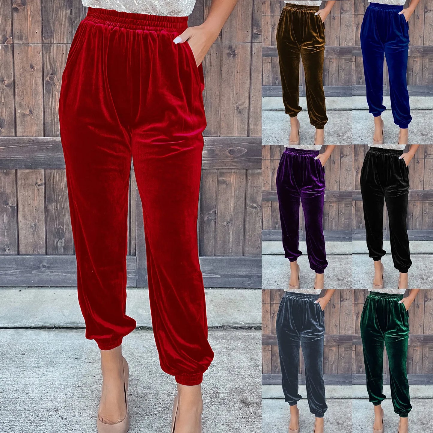 Women's Velvet Pants High Waist Loose Wide Leg Pants Casual Elastic Waist Velour Long Trousers with Pockets