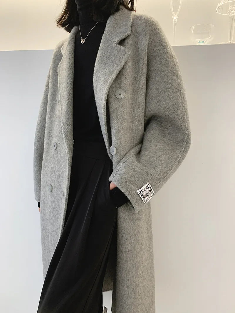 2024 Autumn Winter Wool Coat Women Double-breasted Solid Color Women's Double-sided Woolen Belt Coats Loose Warm Wool Jacket