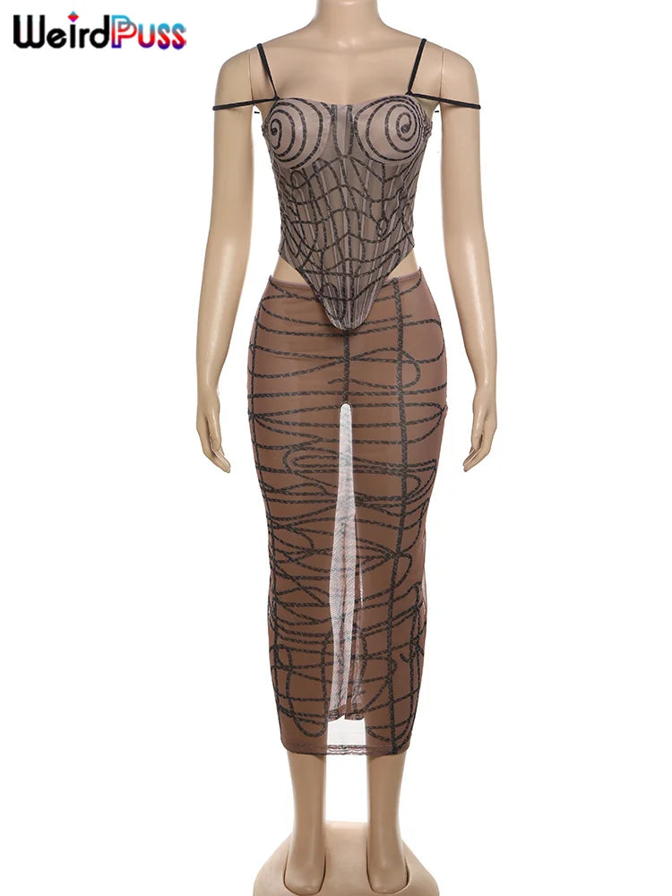 Weird Puss Stripe Print Sexy 2 Piece Set Women See Through Coquette Camisole+Long Skirts Midnight Clubwear Party Matching Suits Viralgem Store