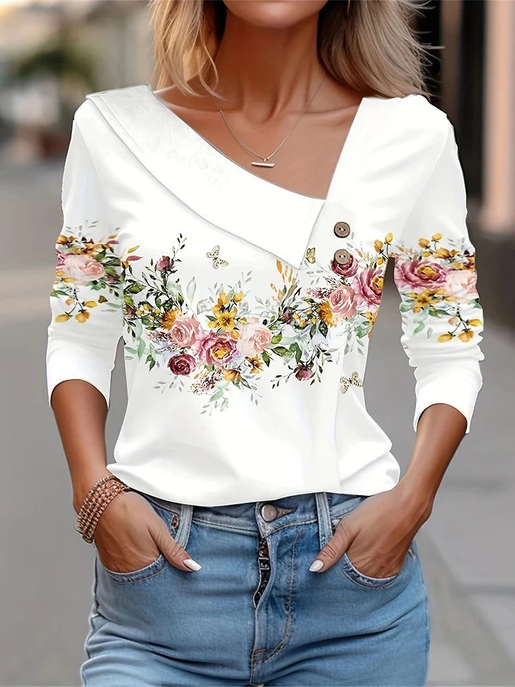 T Shirt For Women Fashion Long Sleeve Top White Floral Print Shirts And Blouses Autumn Winter Clothes For Women 2024 Viralgem Store