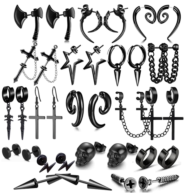 WKOUD 1 Pairs Stainless Steel Punk Black Dangle Earrings For Men Cross Skull Screw Cone Huggie Hoop Long Chain Piercing Hoop Viralgem Store