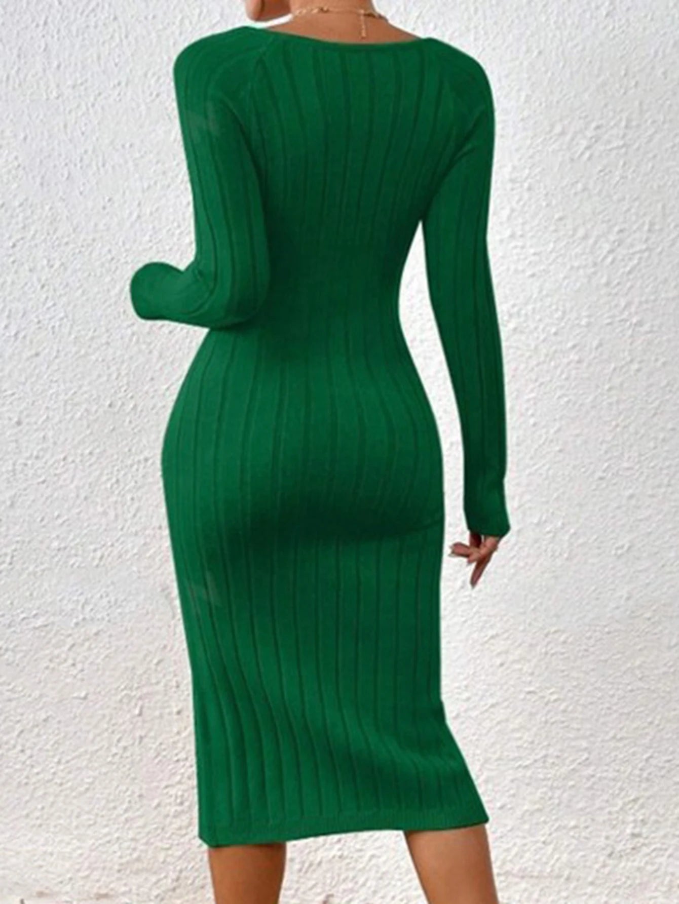 Women Bodycon Dress Long Sleeve Slim Fit Knitted Dress Square Neck Party Split Hem Long Wrap Dresses Green Viralgem Store