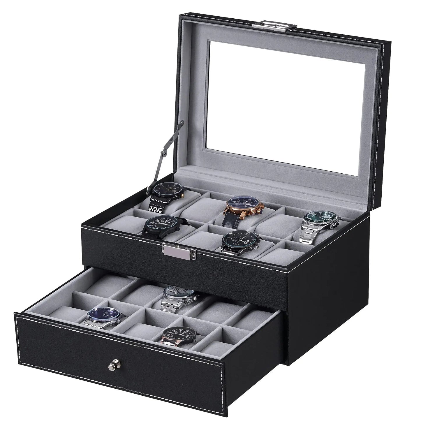 20-Slot Watch Organizer Case, Watch Case with Glass Lid, 2 Layers, Lockable Watch Display Case, Black Synthetic Leather, Gray Viralgem Store