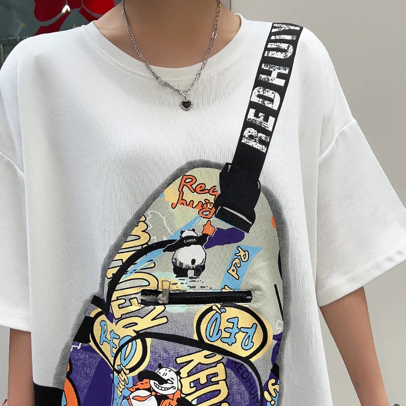 Summer Y2k Clothes New Messenger Bag Printed Pocket Zipper T-shirt Women Europea Style Casual Large Size Couple Casual Tees Tops