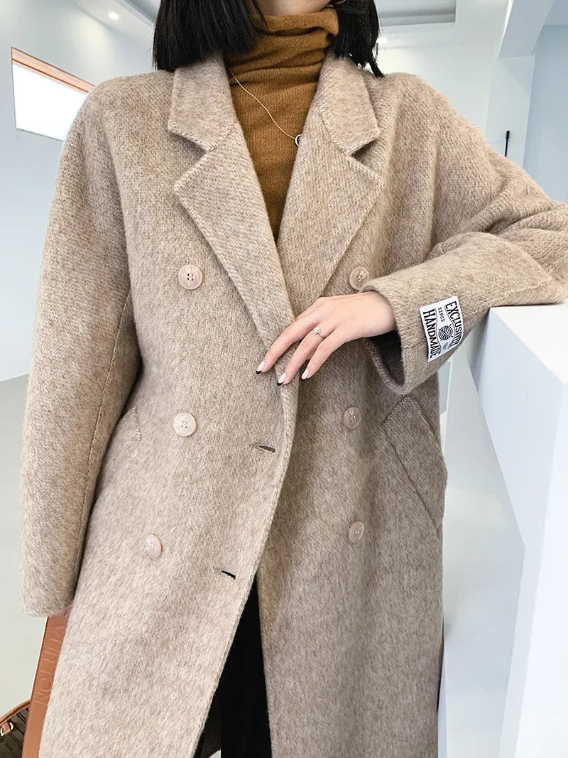 2024 Autumn Winter Wool Coat Women Double-breasted Solid Color Women's Double-sided Woolen Belt Coats Loose Warm Wool Jacket