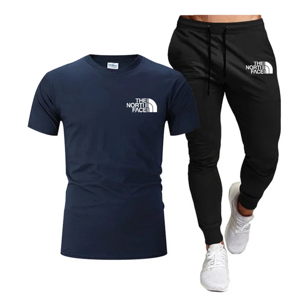 Summer 2025 Men Tops 100% Fashion Cotton Short Sleeve Long Sweatpants Streetwear 2 Piece Sets Men Clothing