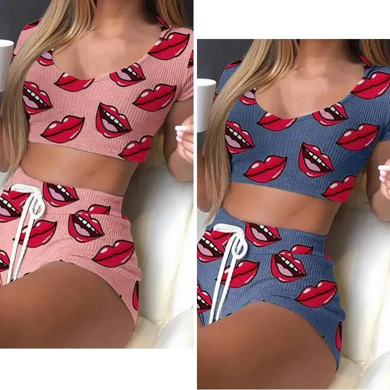 Two Piece Set of New Women's Fashionable Red Lip Pattern Pajama Home Set, Women's Slim Fit V-Neck Sexy High Waist Pajama Set